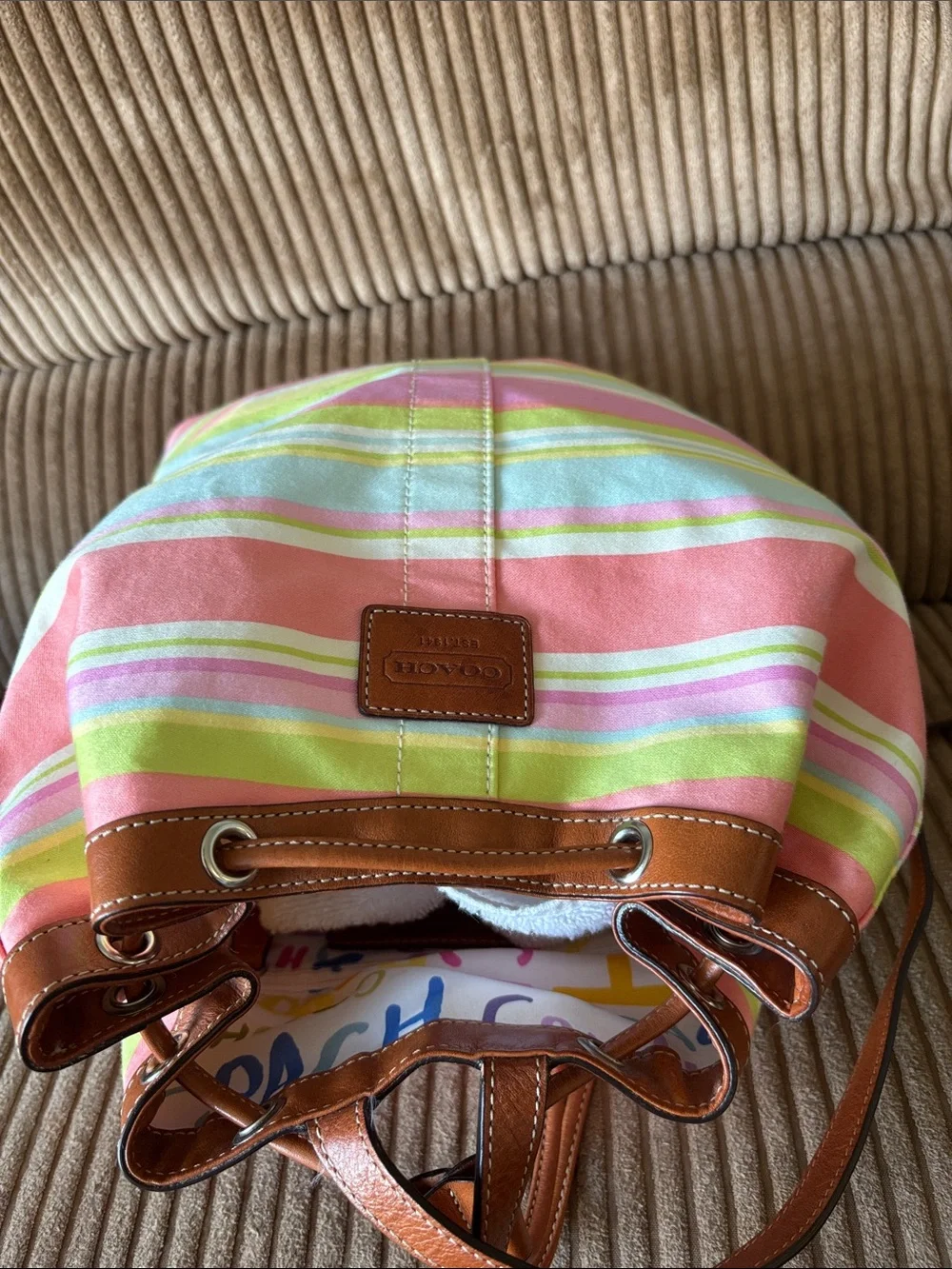 Coach Pink, Green & Blue Striped Canvas Bucket backpack